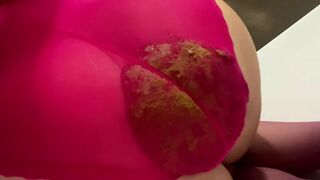 Big shit in thin pink lingerie