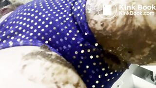 Big poop in tight shiny blue pants