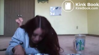 Girl pooping on the background