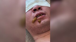 Toilet slave struggle to chew and swallow shit