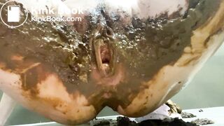 Amazing big poop in white panties and striped dress