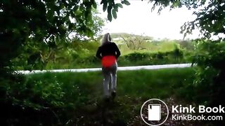 German lady defecates in the woods