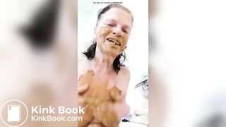Nasty mature lady smears and gags on her shit