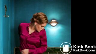 Sexy waitress desperate poop in job toilet