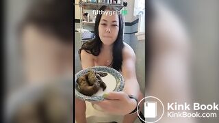 Sexy girl sits on the toilet and shits on a plate