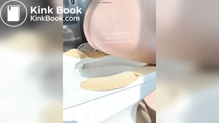 The girl squatted on the toilet to defecate