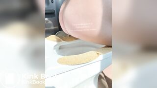 The girl squatted on the toilet to defecate