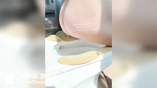 The girl squatted on the toilet to defecate