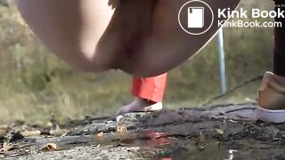 Blonde girls butt poops up close