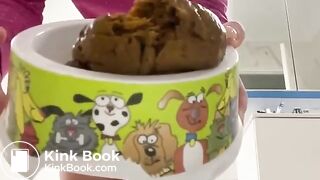 Filling a bowl for the dog with a big poo..