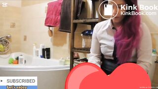 Sexy business girl desperate poop after work