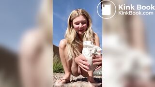 Blonde shitting in diaper outdoors
