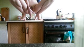 Hot girl pissing and shitting in kitchen