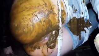 Wetting mess and scat smearing in the dark woods..