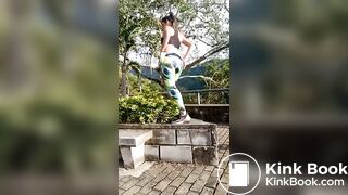 Naughty girl poops in the park..