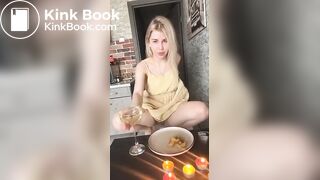 Hot girl making a piss and shit dinner for herself