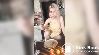 Hot girl making a piss and shit dinner for herself