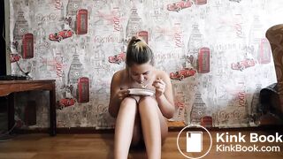 Hot girl shitting on plate and trying it