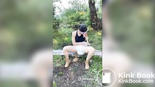 CWD releases runny shit in diaper while in woods.