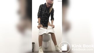 Blond girl pooping on toilet floor
