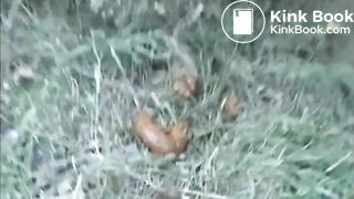 hot girl shitting outdoor while sitting on a log