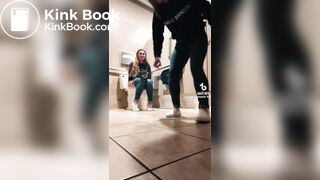 Blonde girl pooping while accompanied by friend
