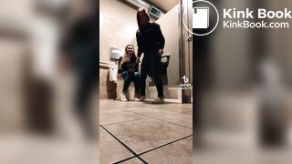 Blonde girl pooping while accompanied by friend