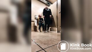 Blonde girl pooping while accompanied by friend