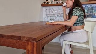 white leggins mess while sitting on a chair