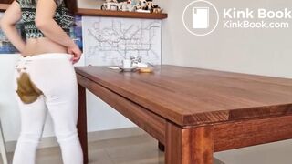 white leggins mess while sitting on a chair