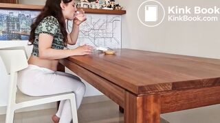 white leggins mess while sitting on a chair