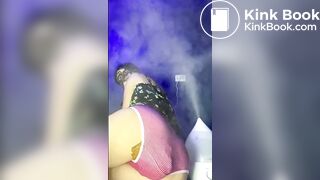 sexy masked lady pushes turd through her panties