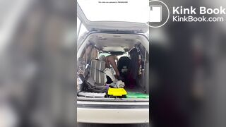 brave girl shits outside behind busy high way