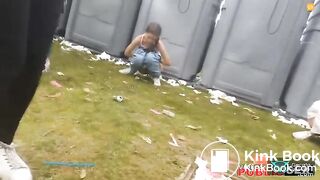 Girl has to poop behind crowded portapotty