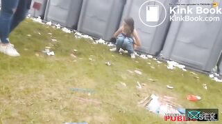 Girl has to poop behind crowded portapotty