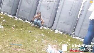 Girl has to poop behind crowded portapotty