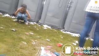 Girl has to poop behind crowded portapotty