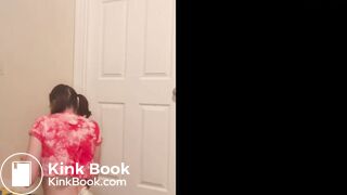 Cute girl poops diaper in front of door