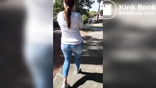 Woman messes her jeans in public