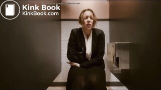 Woman has diarrhea in stall with broken door scene