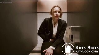 Woman has diarrhea in stall with broken door scene