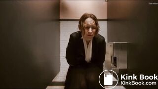 Woman has diarrhea in stall with broken door scene