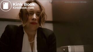 Woman has diarrhea in stall with broken door scene