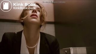 Woman has diarrhea in stall with broken door scene