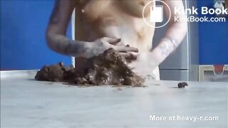 Hot girl shitting on counter and eating it