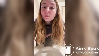 Filthy teen slut tastes her shit in a public toilet