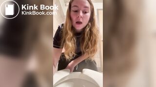 Filthy teen slut tastes her shit in a public toilet