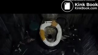 Asian girl has diarrhea on dirty public toilet