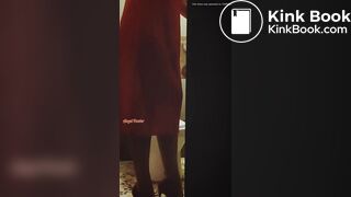 Girl in a red dress pissing at a party