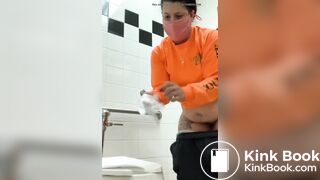 Fat girl takes a shit in public bathroom